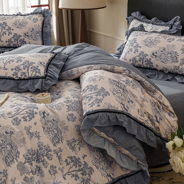 91家纺网 家纺一手货源 找家纺 悦然毛巾被 2026新款原麻水洗提花四件套 蓝花雾影