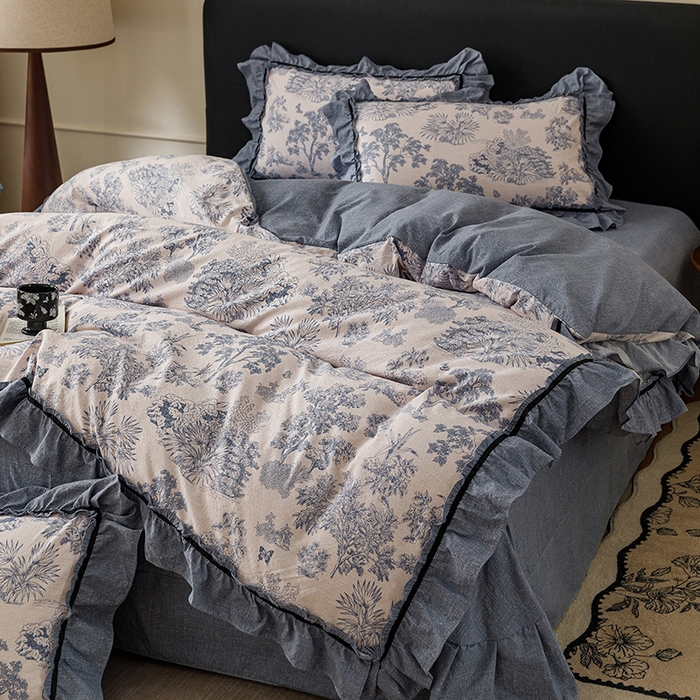 91家纺网 家纺一手货源 找家纺 悦然毛巾被 2026新款原麻水洗提花四件套 蓝花雾影