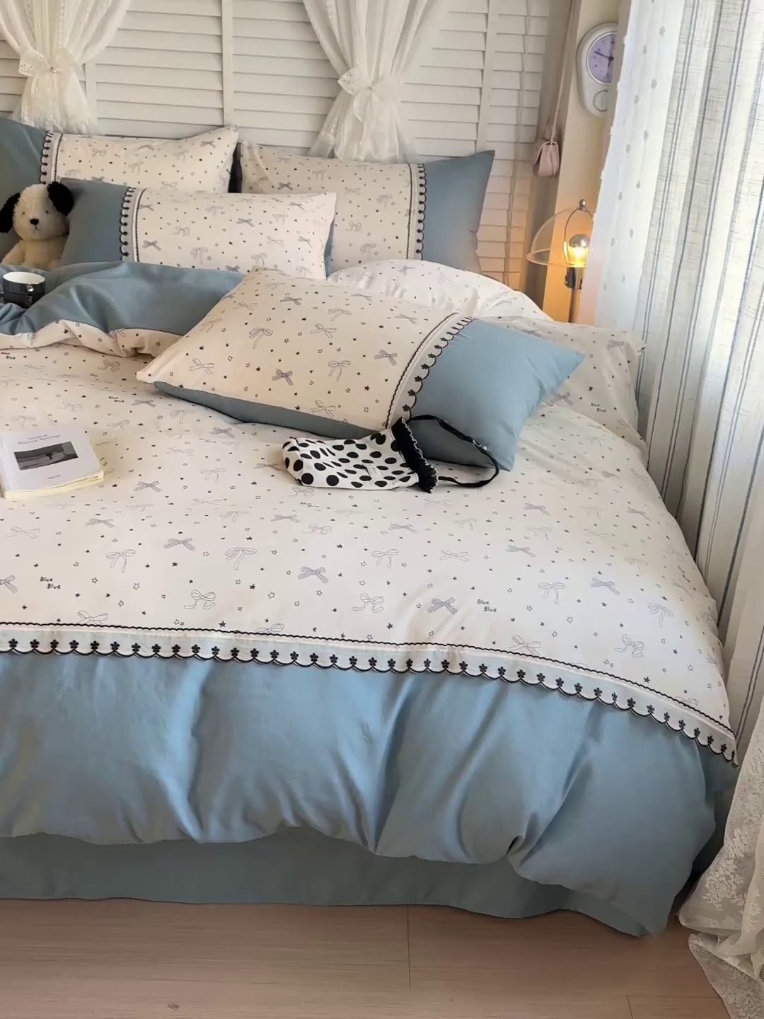 91家纺网 家纺一手货源 找家纺 鑫利来家纺 2026新款古法水洗棉法式花边四件套甄选纯棉花边拼接款四件套印花被套床单单品四件 雨沫