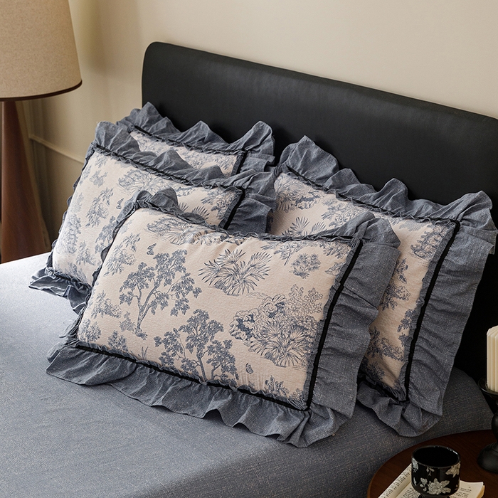 91家纺网 家纺一手货源 找家纺 悦然毛巾被 2026新款原麻水洗提花四件套 蓝花雾影