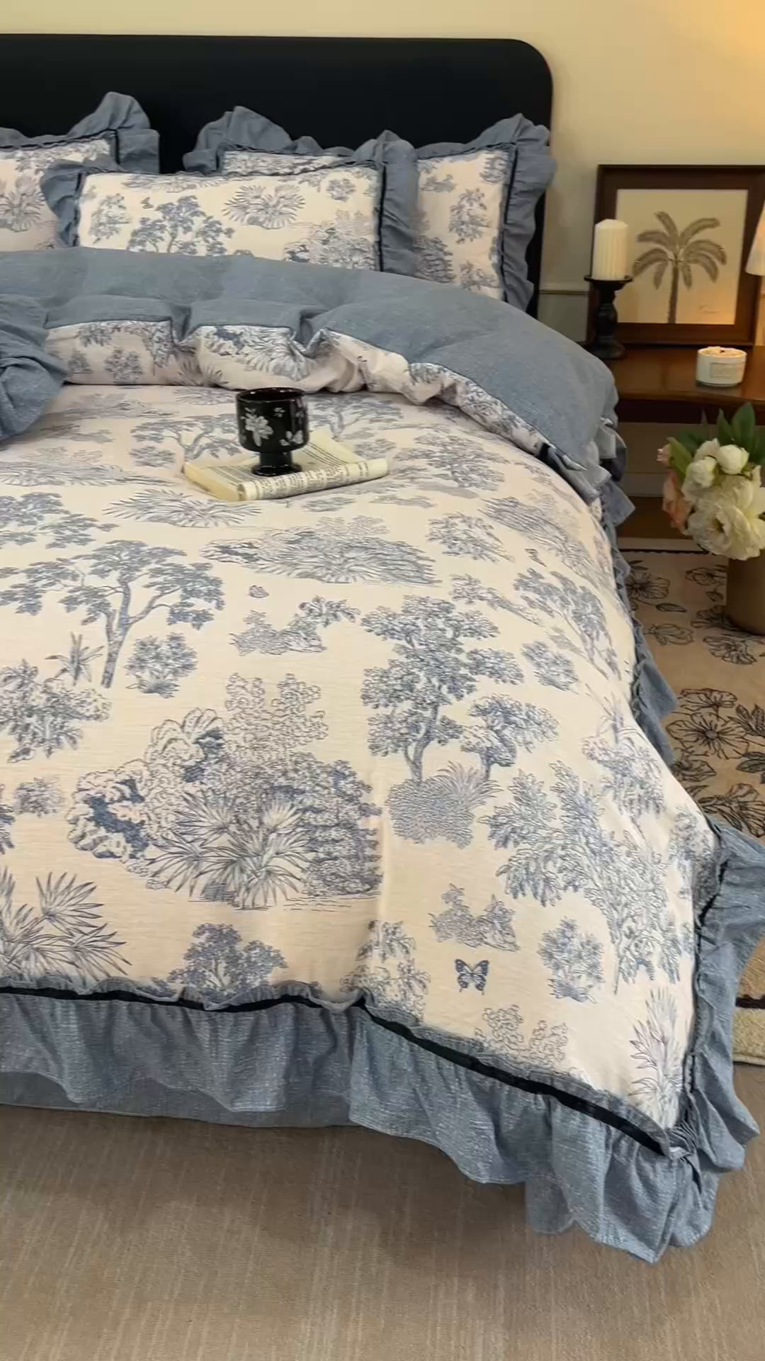 91家纺网 家纺一手货源 找家纺 悦然毛巾被 2026新款原麻水洗提花四件套 蓝花雾影