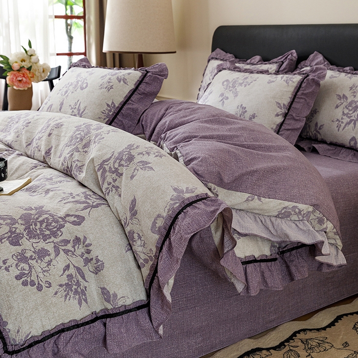 91家纺网 家纺一手货源 找家纺 悦然毛巾被 2026新款原麻水洗提花四件套 紫萝绮梦