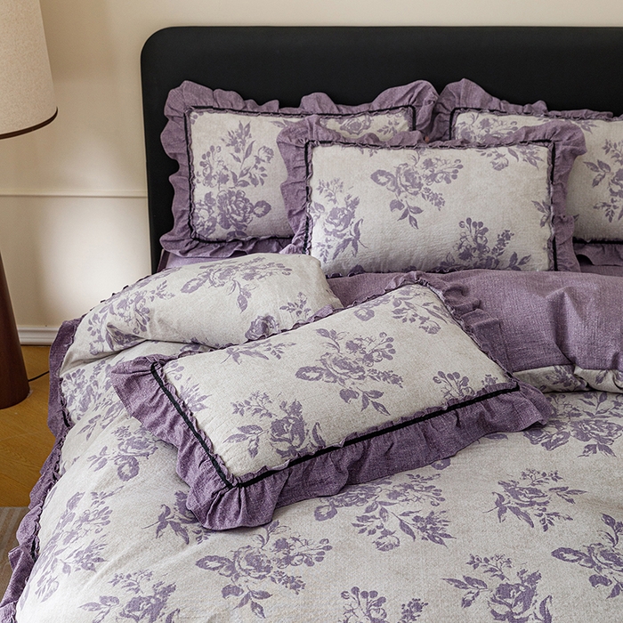 91家纺网 家纺一手货源 找家纺 悦然毛巾被 2026新款原麻水洗提花四件套 紫萝绮梦