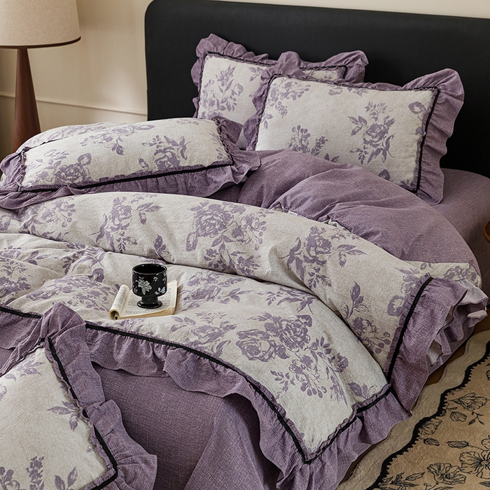 91家纺网 家纺一手货源 找家纺 悦然毛巾被 2026新款原麻水洗提花四件套 紫萝绮梦