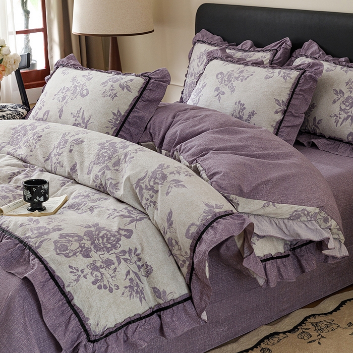 91家纺网 家纺一手货源 找家纺 悦然毛巾被 2026新款原麻水洗提花四件套 紫萝绮梦