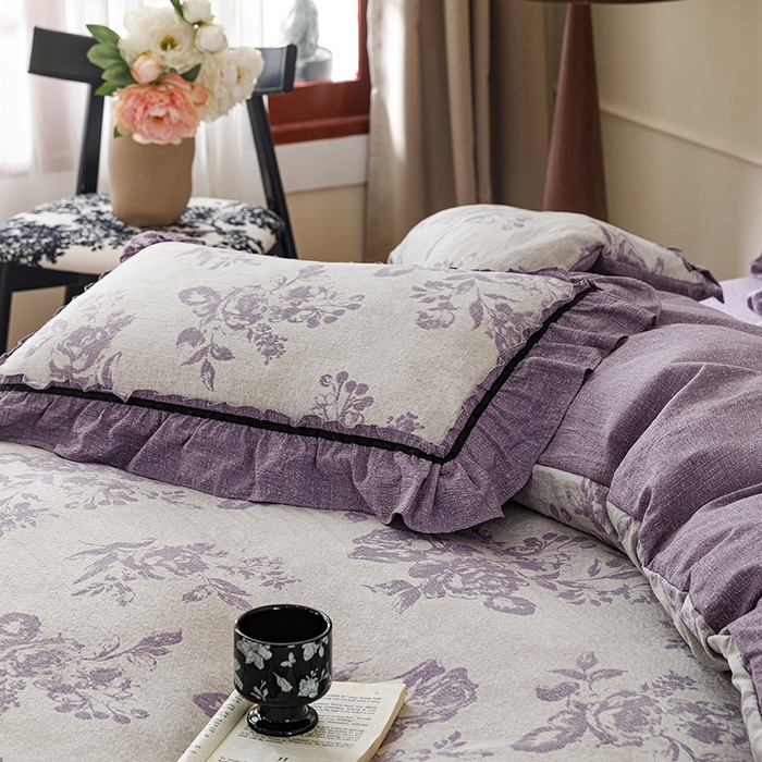 91家纺网 家纺一手货源 找家纺 悦然毛巾被 2026新款原麻水洗提花四件套 紫萝绮梦