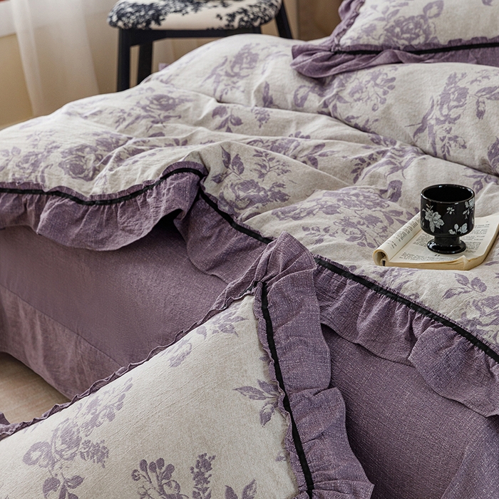 91家纺网 家纺一手货源 找家纺 悦然毛巾被 2026新款原麻水洗提花四件套 紫萝绮梦