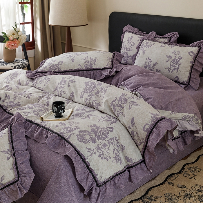 91家纺网 家纺一手货源 找家纺 悦然毛巾被 2026新款原麻水洗提花四件套 紫萝绮梦