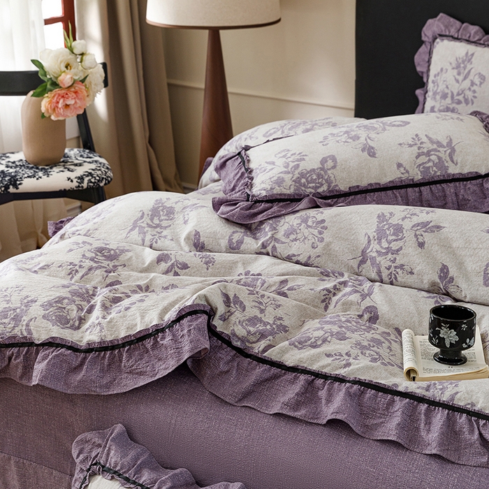 91家纺网 家纺一手货源 找家纺 悦然毛巾被 2026新款原麻水洗提花四件套 紫萝绮梦