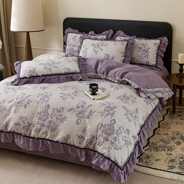 91家纺网 家纺一手货源 找家纺 悦然毛巾被 2026新款原麻水洗提花四件套 紫萝绮梦