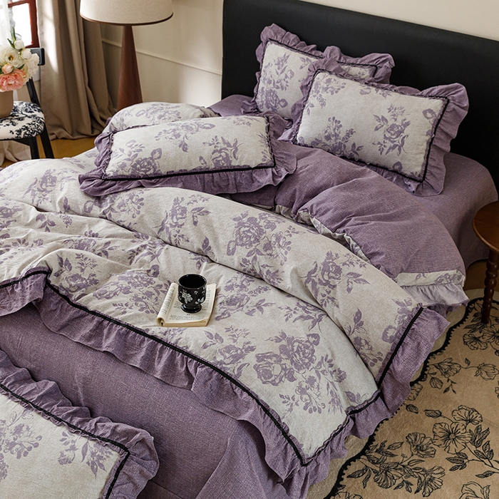 91家纺网 家纺一手货源 找家纺 悦然毛巾被 2026新款原麻水洗提花四件套 紫萝绮梦