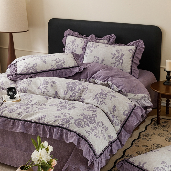 91家纺网 家纺一手货源 找家纺 悦然毛巾被 2026新款原麻水洗提花四件套 紫萝绮梦