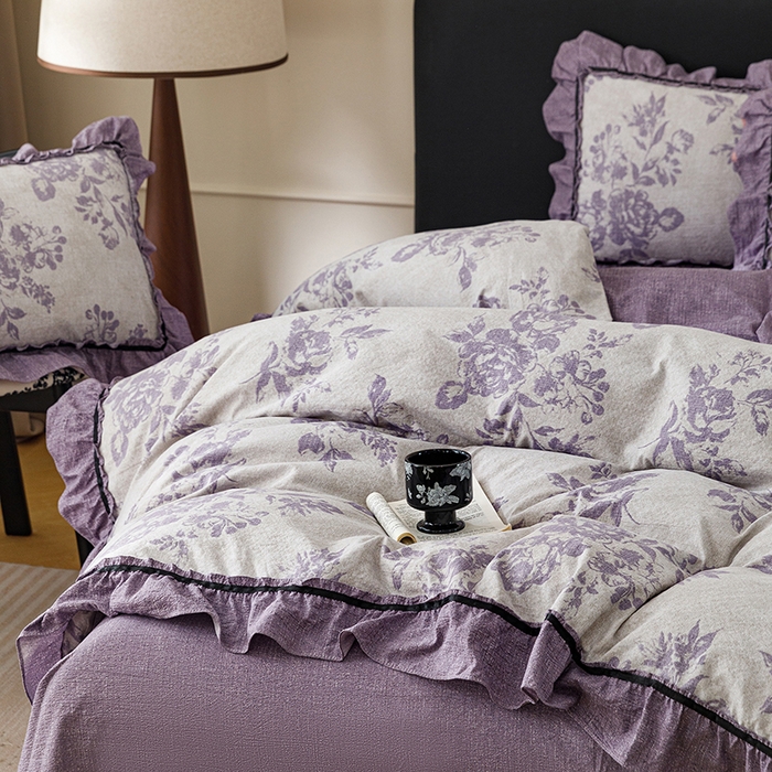 91家纺网 家纺一手货源 找家纺 悦然毛巾被 2026新款原麻水洗提花四件套 紫萝绮梦