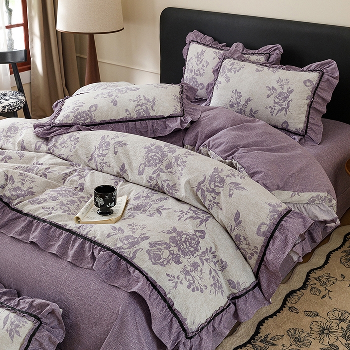 91家纺网 家纺一手货源 找家纺 悦然毛巾被 2026新款原麻水洗提花四件套 紫萝绮梦