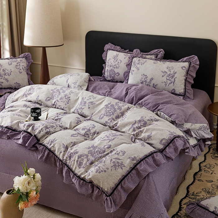 91家纺网 家纺一手货源 找家纺 悦然毛巾被 2026新款原麻水洗提花四件套 紫萝绮梦