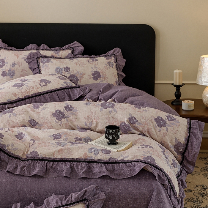 悦然毛巾被 2026新款原麻水洗提花四件套 紫莓花田