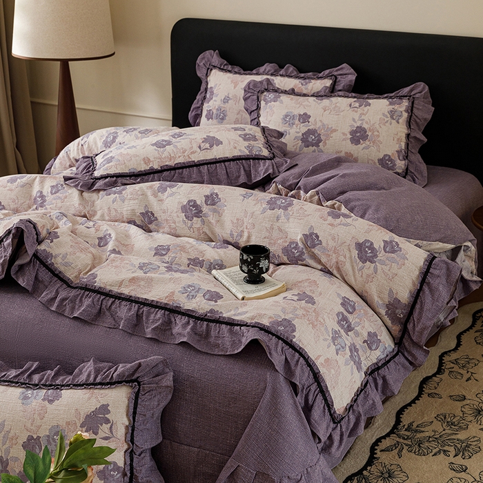 91家纺网 家纺一手货源 找家纺 悦然毛巾被 2026新款原麻水洗提花四件套 紫莓花田