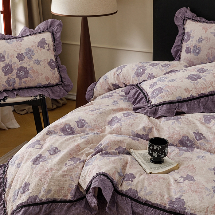 91家纺网 家纺一手货源 找家纺 悦然毛巾被 2026新款原麻水洗提花四件套 紫莓花田