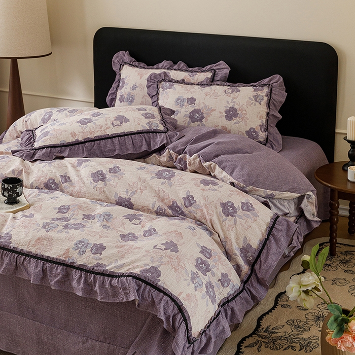 91家纺网 家纺一手货源 找家纺 悦然毛巾被 2026新款原麻水洗提花四件套 紫莓花田