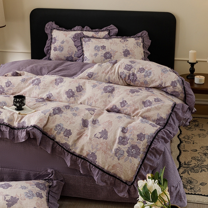 91家纺网 家纺一手货源 找家纺 悦然毛巾被 2026新款原麻水洗提花四件套 紫莓花田