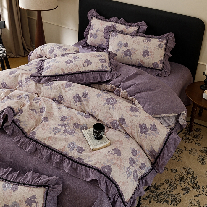 91家纺网 家纺一手货源 找家纺 悦然毛巾被 2026新款原麻水洗提花四件套 紫莓花田