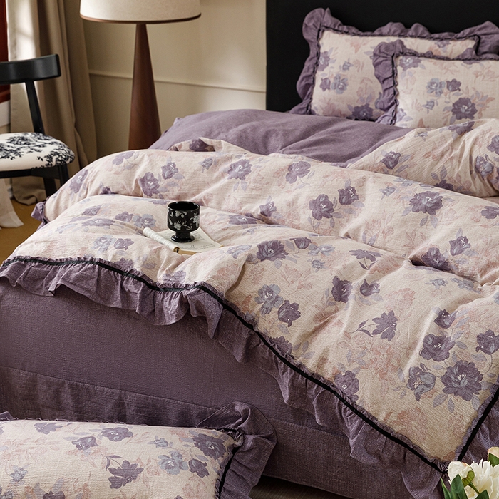 91家纺网 家纺一手货源 找家纺 悦然毛巾被 2026新款原麻水洗提花四件套 紫莓花田