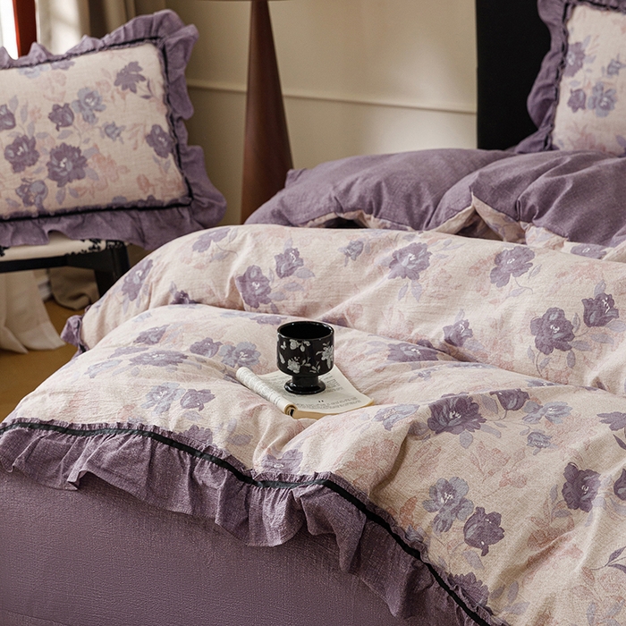 91家纺网 家纺一手货源 找家纺 悦然毛巾被 2026新款原麻水洗提花四件套 紫莓花田