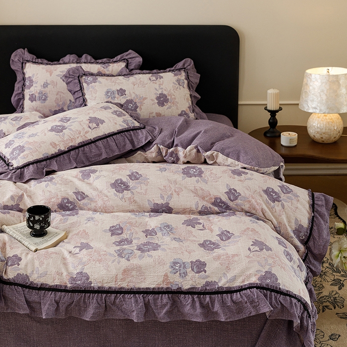 91家纺网 家纺一手货源 找家纺 悦然毛巾被 2026新款原麻水洗提花四件套 紫莓花田