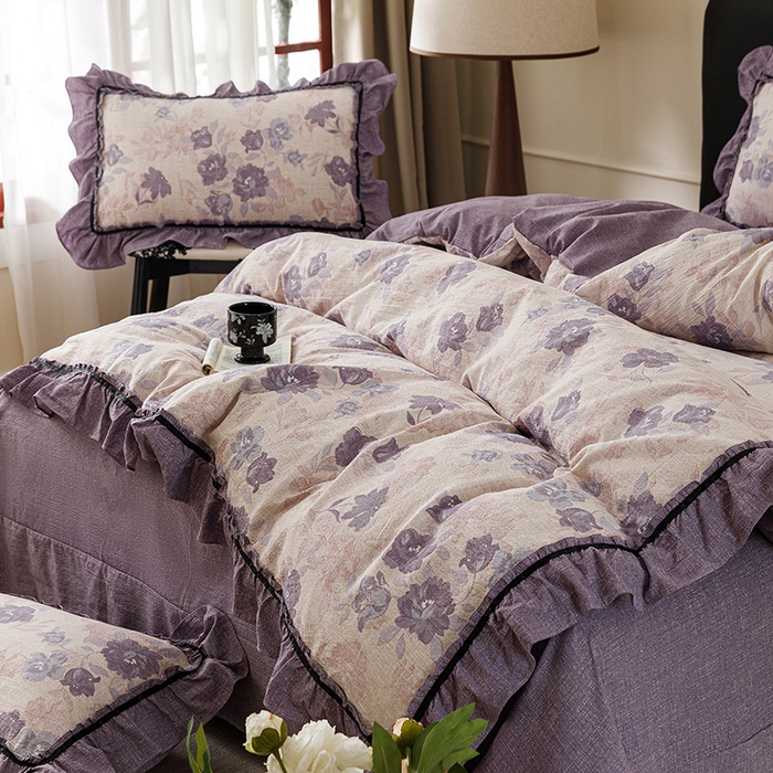 91家纺网 家纺一手货源 找家纺 悦然毛巾被 2026新款原麻水洗提花四件套 紫莓花田