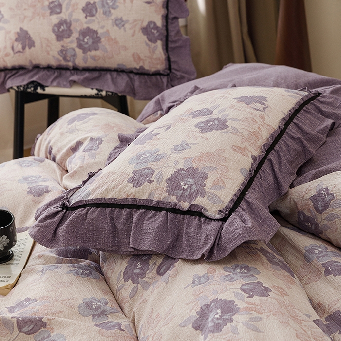 91家纺网 家纺一手货源 找家纺 悦然毛巾被 2026新款原麻水洗提花四件套 紫莓花田