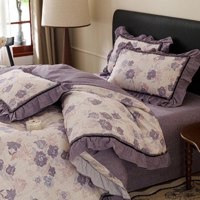91家纺网 家纺一手货源 找家纺 悦然毛巾被 2026新款原麻水洗提花四件套 紫莓花田