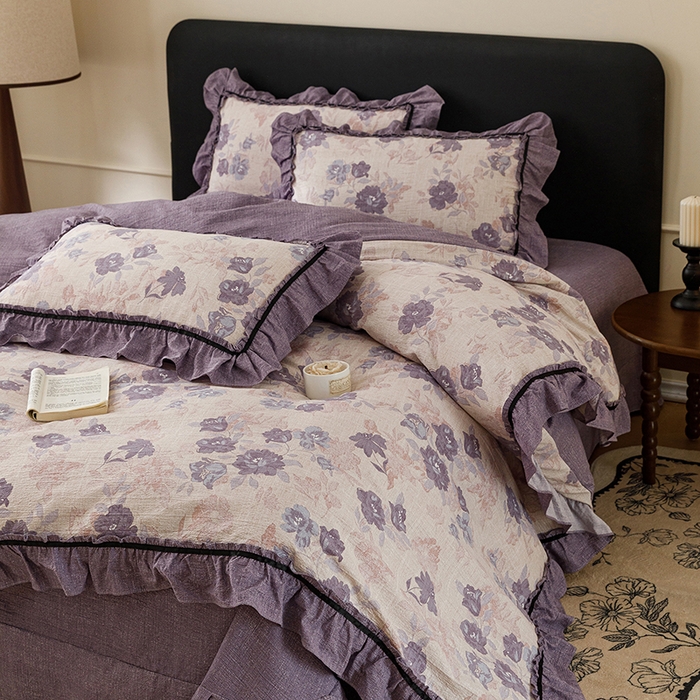 91家纺网 家纺一手货源 找家纺 悦然毛巾被 2026新款原麻水洗提花四件套 紫莓花田