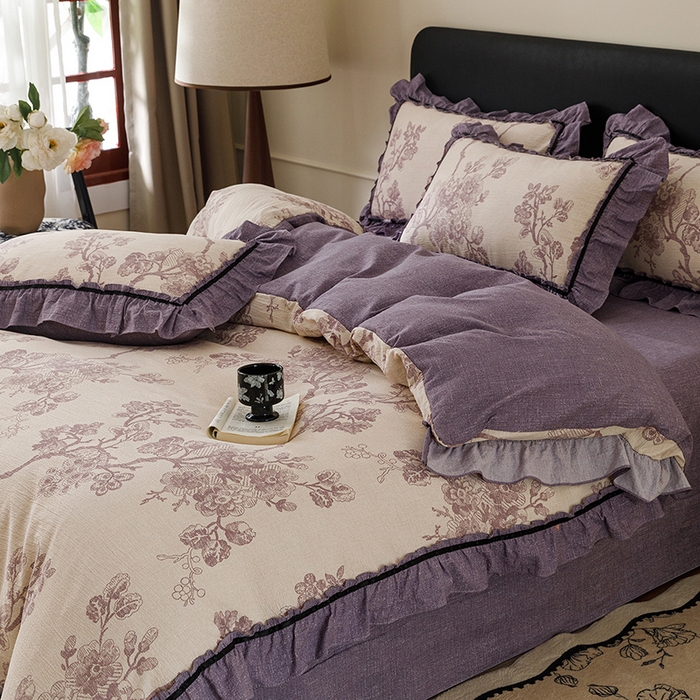 91家纺网 家纺一手货源 找家纺 悦然毛巾被 2026新款原麻水洗提花四件套 紫枝凝香