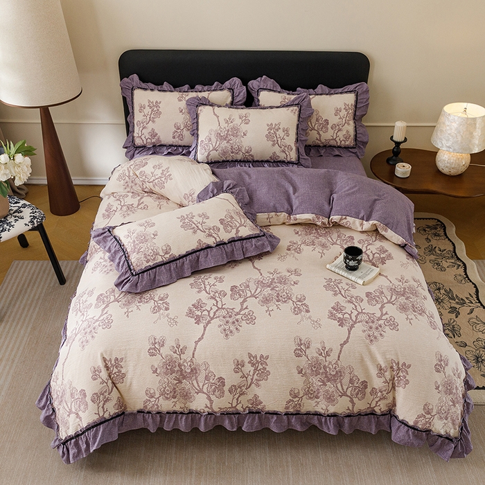 91家纺网 家纺一手货源 找家纺 悦然毛巾被 2026新款原麻水洗提花四件套 紫枝凝香