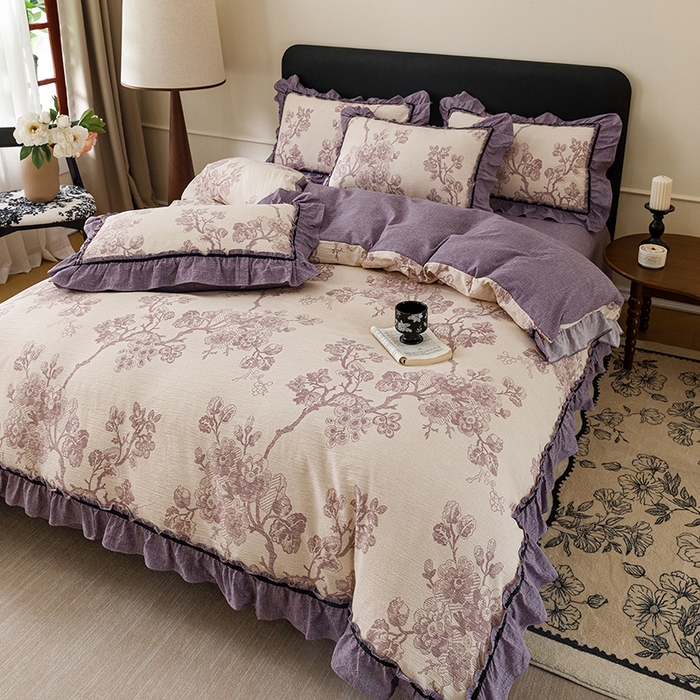 91家纺网 家纺一手货源 找家纺 悦然毛巾被 2026新款原麻水洗提花四件套 紫枝凝香