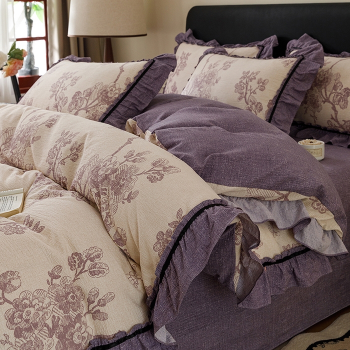 91家纺网 家纺一手货源 找家纺 悦然毛巾被 2026新款原麻水洗提花四件套 紫枝凝香