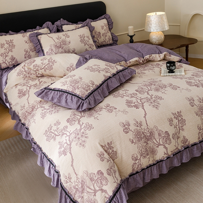 91家纺网 家纺一手货源 找家纺 悦然毛巾被 2026新款原麻水洗提花四件套 紫枝凝香