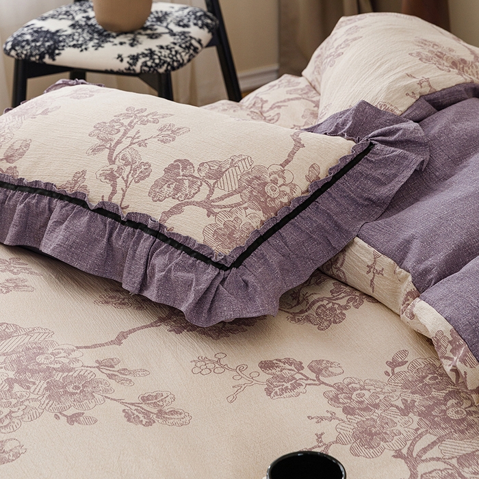 91家纺网 家纺一手货源 找家纺 悦然毛巾被 2026新款原麻水洗提花四件套 紫枝凝香