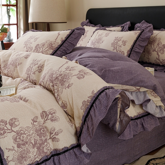 91家纺网 家纺一手货源 找家纺 悦然毛巾被 2026新款原麻水洗提花四件套 紫枝凝香