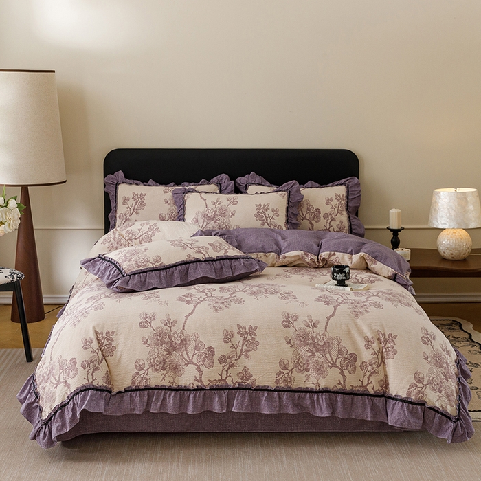 91家纺网 家纺一手货源 找家纺 悦然毛巾被 2026新款原麻水洗提花四件套 紫枝凝香