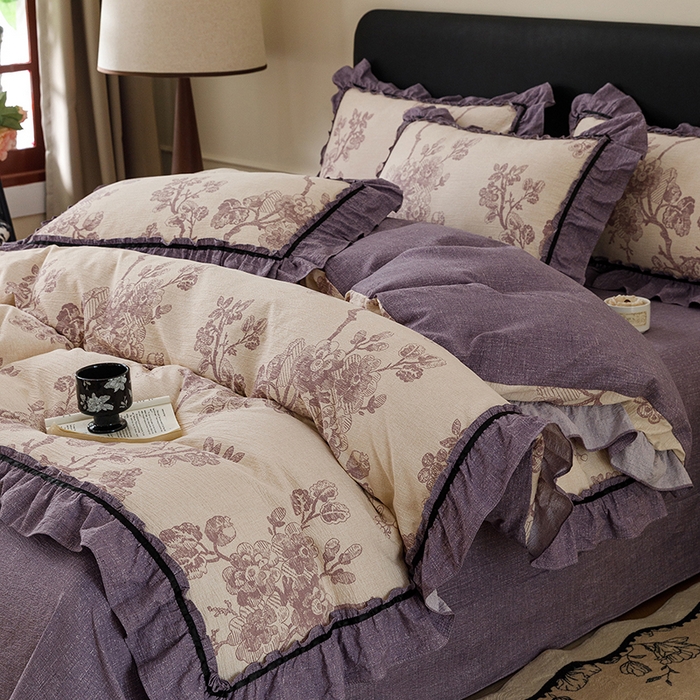 91家纺网 家纺一手货源 找家纺 悦然毛巾被 2026新款原麻水洗提花四件套 紫枝凝香