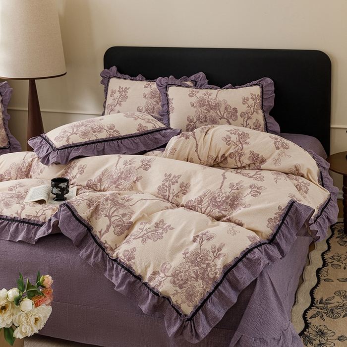 91家纺网 家纺一手货源 找家纺 悦然毛巾被 2026新款原麻水洗提花四件套 紫枝凝香