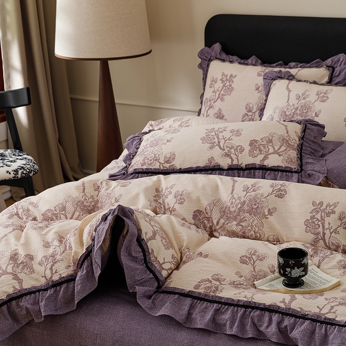 91家纺网 家纺一手货源 找家纺 悦然毛巾被 2026新款原麻水洗提花四件套 紫枝凝香