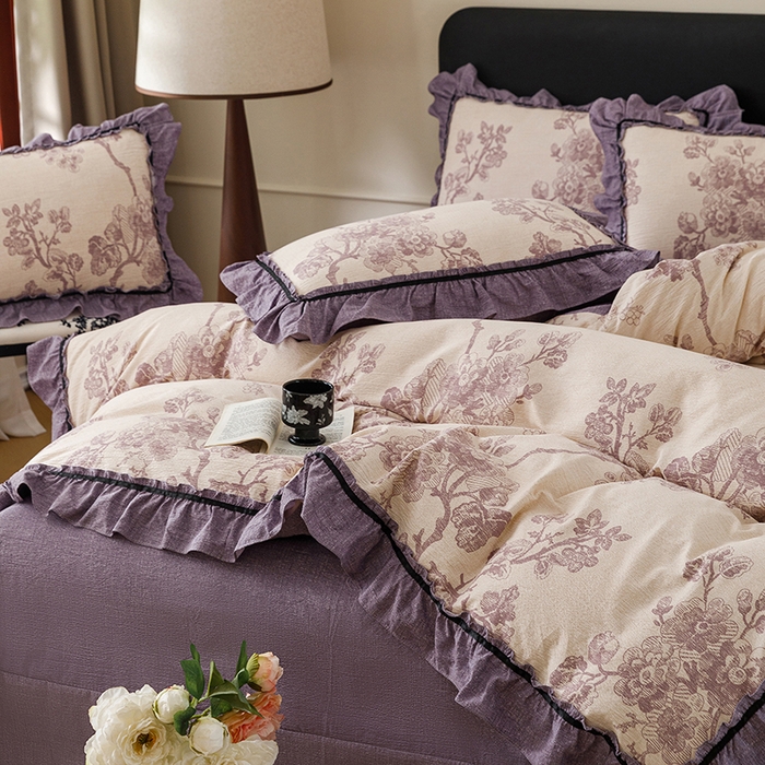 91家纺网 家纺一手货源 找家纺 悦然毛巾被 2026新款原麻水洗提花四件套 紫枝凝香