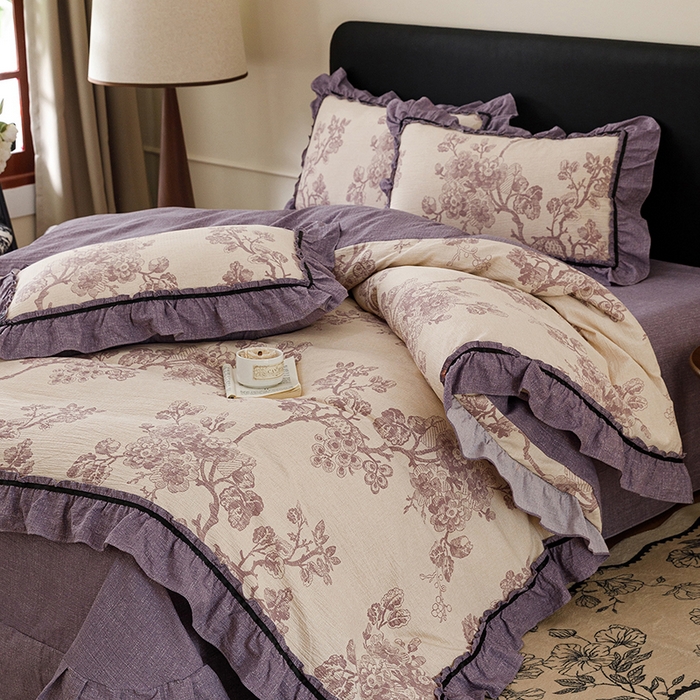 91家纺网 家纺一手货源 找家纺 悦然毛巾被 2026新款原麻水洗提花四件套 紫枝凝香