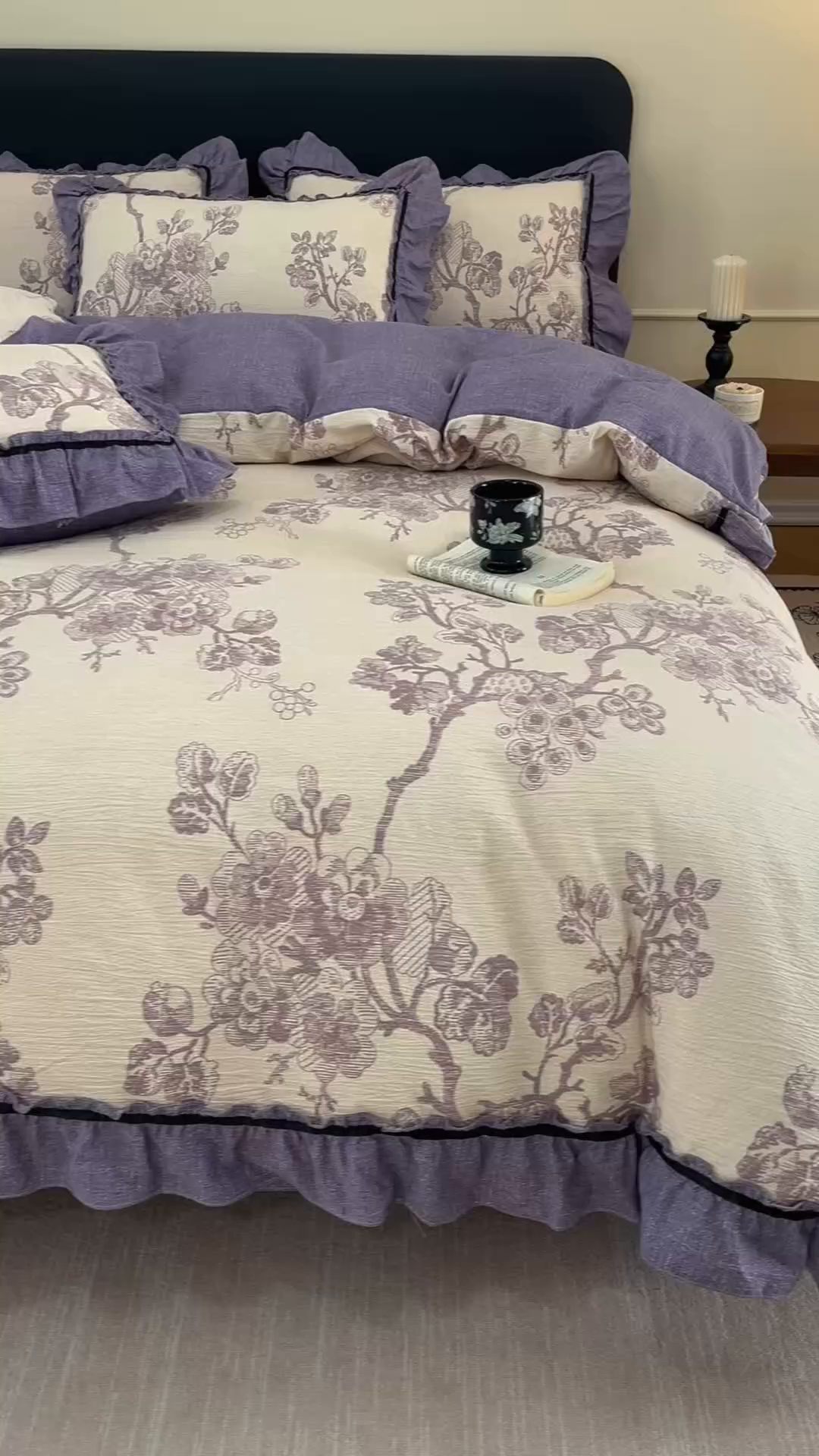 91家纺网 家纺一手货源 找家纺 悦然毛巾被 2026新款原麻水洗提花四件套 紫枝凝香