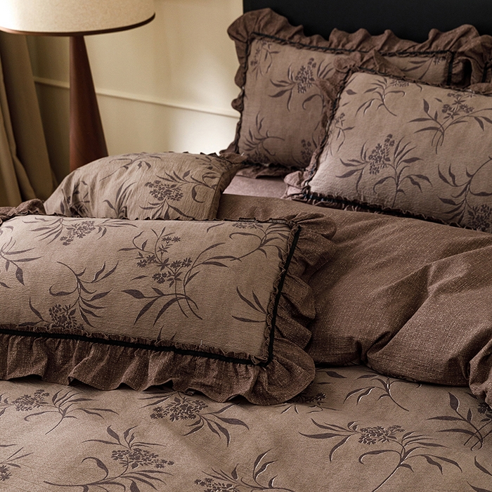 91家纺网 家纺一手货源 找家纺 悦然毛巾被 2026新款原麻水洗提花四件套 棕枝花信