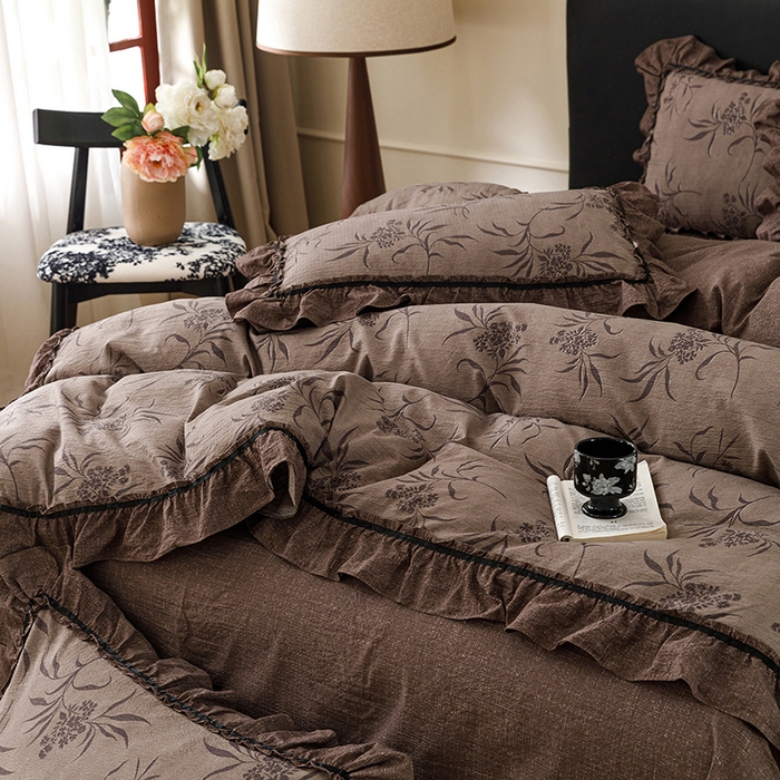 91家纺网 家纺一手货源 找家纺 悦然毛巾被 2026新款原麻水洗提花四件套 棕枝花信