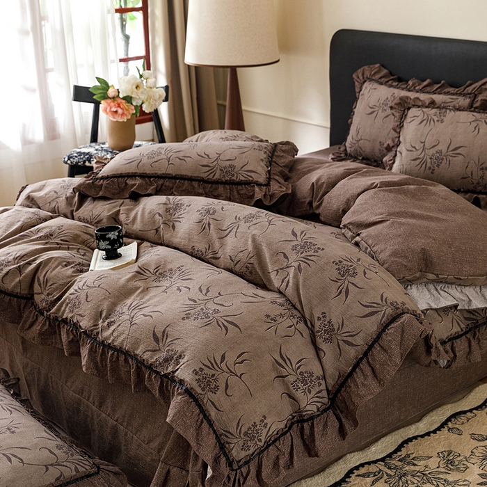 91家纺网 家纺一手货源 找家纺 悦然毛巾被 2026新款原麻水洗提花四件套 棕枝花信