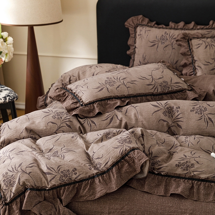 91家纺网 家纺一手货源 找家纺 悦然毛巾被 2026新款原麻水洗提花四件套 棕枝花信